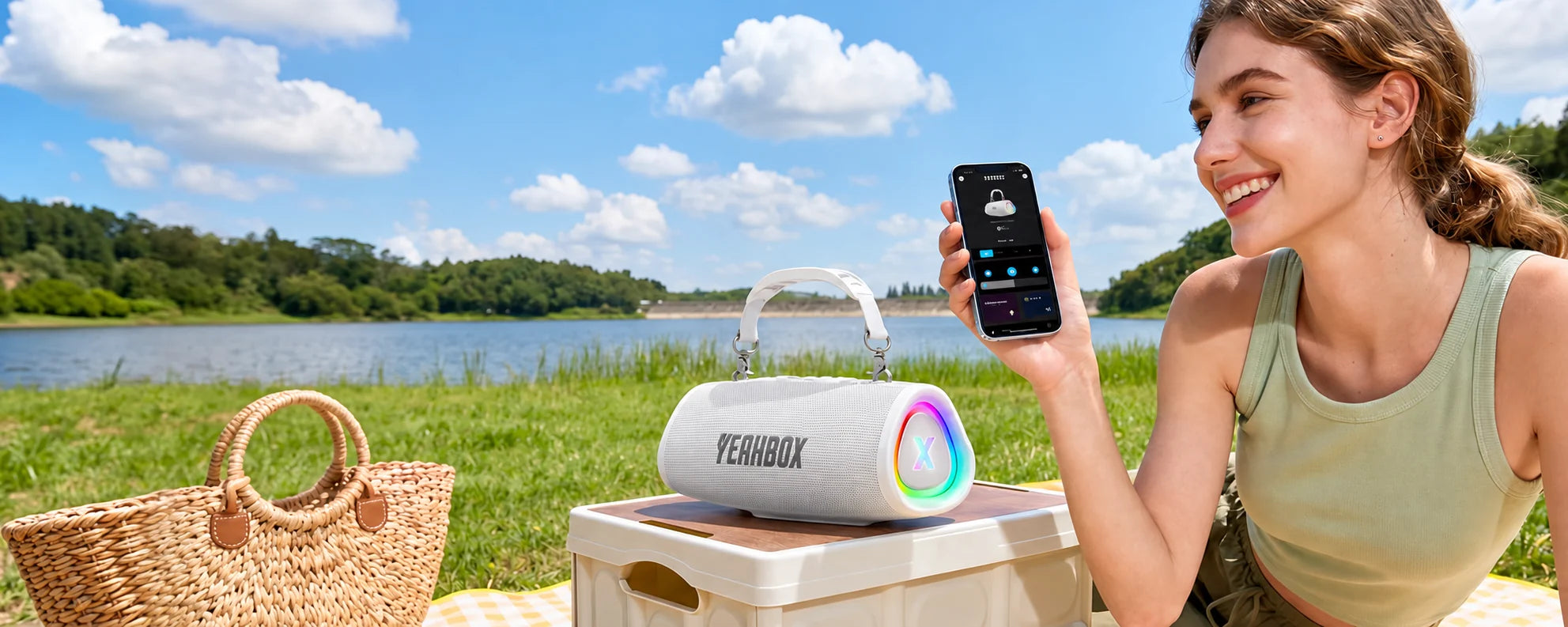 Sonic Boom POP — YEAHBOX POP beside a person holding a smartphone with the app open