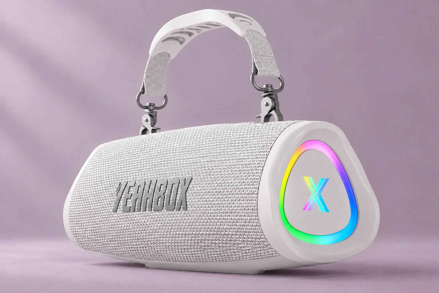 Sonic Boom POP — Multicolour RGB-lit rounded triangular passive radiator with a double-stroke X on YEAHBOX POP