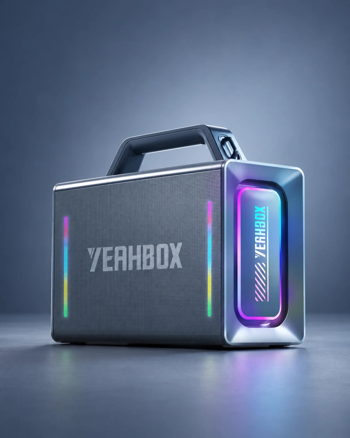 YEAHBOX T500 — 蓝灰色背景上的 YEAHBOX T500 整机，展示多彩 RGB 灯光